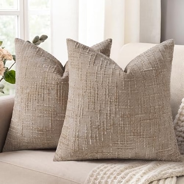 decorUhome Oatmeal Chenille Throw Pillow Covers 18x18 Set of 2 Textured Soft Cozy Slubby Couch Pillow Covers Modern Farmhouse Boho Decorative Pillow Cases for Bed Sofa Living Room