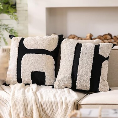 Oudain 2 Pcs Black and White Tufted Pillow Covers Boho Chunky Geometric Decorative Throw Pillow Case 18 x 18 Inches Abstract Pillowcases for Bed CouchWhite Black Classic Style