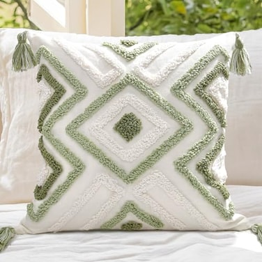 LOOPUINHOM Boho Pillow Covers 18X18 Inch Boho Tufted Throw Pillow Covers Decorative Tassels Cushion Cover Farmhouse Pillow Case for Couch Sofa Bed Living Room Bedroom Green