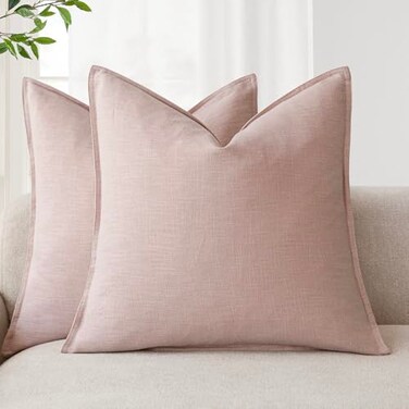 Foindtower Pack of 2 Decorative Linen Solid Throw Pillow Covers Soft Accent Cushion Case Boho Farmhouse Pillowcase for Chair Couch Sofa Bedroom Living Room Home Decor 18 x 18 Inch Light Pink