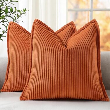decorUhome Summer Corduroy Rust Throw Pillow Covers 18x18 Set of 2 Decorative Soft Boho Farmhouse Couch Pillow Covers for Living Room Bed Sofa Broadside Striped Pillow Cases