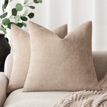 Foindtower Set of 2 Soft Textured Chenille Throw Decorative Pillow Covers Square Accent Solid Cushion Cover Cozy Neutral Farmhouse Pillow Case for Couch Sofa Bedroom Living Room 24x24 InchCream Camel
