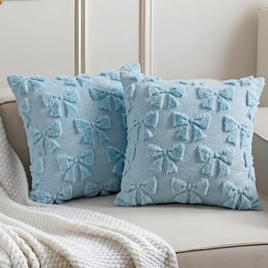 Mixweer Blue Bow Pillow Covers Set of 2 Preppy Room Decor Coquette Cute Spring Summer Decorative Faux Fur Soft Bowknot Stuff Fluffy Plush Aesthetic Pillowcase for Bed Sofa Couch 18 x 18 Inch
