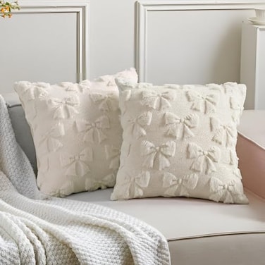 Mixweer Beige Bow Pillow Covers Set of 2 Preppy Room Decor Coquette Cute Spring Summer Decorative Faux Fur Soft Bowknot Stuff Fluffy Plush Aesthetic Pillowcase for Bed Sofa Couch 18 x 18 Inch