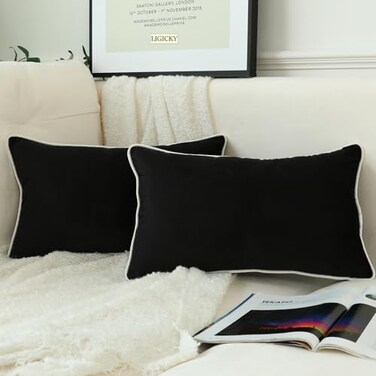 LIGICKY Set of 2 Black Velvet Lumbar Pillow Covers Modern Minimalist Style Solid Decorative White Rope Edging Soft Rectangle Cushion Cases for Sofa Bedroom Party Dcor 12 x 24inch
