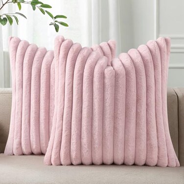 Pallene Faux Fur Plush Throw Pillow Covers 26x26 Set of 2 Luxury Soft Fluffy Striped Decorative Pillow Covers for Sofa Couch Living Room Blush Pink