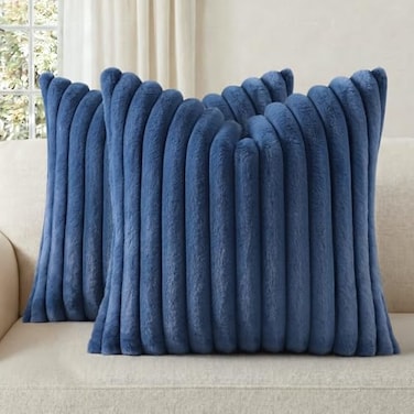 Pallene Faux Fur Plush Throw Pillow Covers 26x26 Set of 2 Luxury Soft Fluffy Striped Decorative Pillow Covers for Sofa Couch Living Room Navy Blue