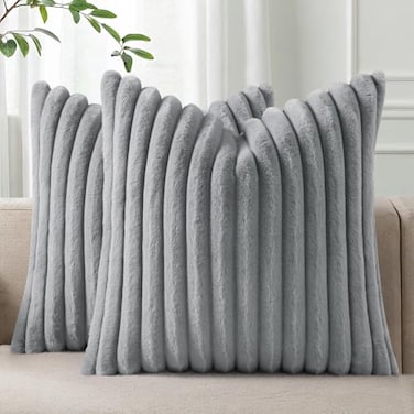 Pallene Faux Fur Plush Throw Pillow Covers 26x26 Set of 2 Luxury Soft Fluffy Striped Decorative Pillow Covers for Sofa Couch Living Room Grey