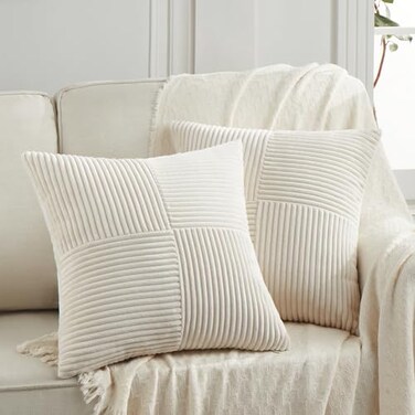 Fancy Homi 2 Packs Cream Samll Decorative Throw Pillow Covers 14x14 Inch with for Couch Bed Sofa Rustic Farmhouse Boho Home Decor Soft Corss Patchwork Corduroy Square Cushion Case 35x35 cm