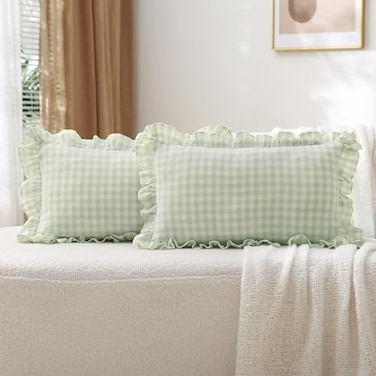 K MASANIJI 2 Pack Pile Green White Plaid Ruffle Gingham Lumbar Throw Pillow Covers 100 Washed Cotton Checkered Farmhouse Decorative Pillow Shams for BedSofa 20x12