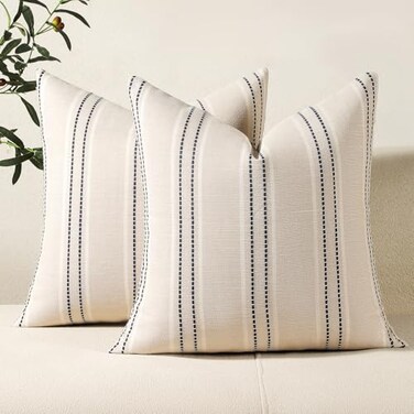 Hckot Decorative Navy Pillow Covers 18x18 Striped Throw Pillows Textured Linen Pillow Covers Farmhouse Decor Cushion Covers for Couch Bed Living Room Navy