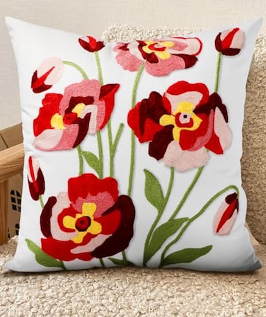 Kokaaee Embroidered Throw Pillow Cover 18x18 Decorative Pillow Cover with Zipper Aesthetic Cute Design Boho Spring Summer Cozy Throw Pillowcase for Living Room Couch Sofa Bed Rose Flowers