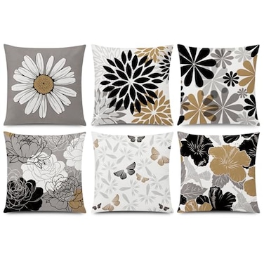 COMMINY Brown Black Pillow Covers 18x18 Set of 6 Daisy Flower Throw Pillow Cover Case Rustic Square Cushion Cover for Sofa Bedroom Living Room Farmhouse Home Decor