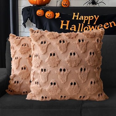 4TH Emotion Halloween Ghost Decorative Pillow Covers 18x18 Set of 2 Light Brown Soft Plush Faux Fur Farmhouse Throw Cushion Cases for Fall Autumn Holiday Home Decorations