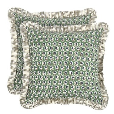 Ridhi Block Print Basil Green Throw Pillow Cover 18 x 18 Pack of 2 Decorative Cushion Covers with Ruffle for Couch Sofa Bed Living Room Home Decor Gift for Spring Easter Valentine