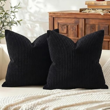 Mecatny Corduroy Summer Decorative Throw Pillow Covers 18x18 Set of 2 for Sofa Living Room Soft Neutral Boho Couch Pillow Covers for Home Decor Black