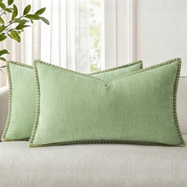 decorUhome Summer Chenille Soft Cozy Throw Pillow Covers 12x20 Set of 2 Modern Farmhouse Boho Velvet Decorative Pillow Cases with Stitched Edge for Couch Sofa Bed Home Decor Sage Green