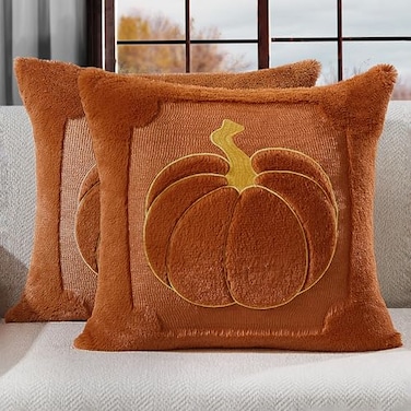 Allorry Fall Pillow Covers 18x18 Set of 2 Fall Rust Pumpkin Embroidery Throw Pillow Covers Soft Plush Faux Fur Cushion Covers for Sofa Bedroom Living Room Autumn Thanksgiving Home Decor PT010C18
