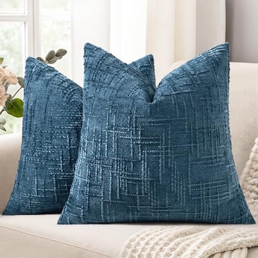 decorUhome Patriotic Navy Blue Chenille Throw Pillow Covers 18x18 Set of 2 Textured Soft Cozy Slubby Couch Pillow Covers Coastal Modern Farmhouse Boho Decorative Pillow Cases for Bed Sofa Living Room