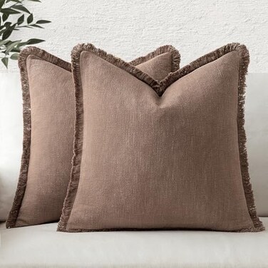 MIULEE Decorative Throw Pillow Covers Neutral Linen Fringe Throw Pillows Set of 2 Dark Coffee Boho Farmhouse Cushion Covers with Tassels for Couch Sofa Bed Living Room Spring Home Decor 20x20 Inch
