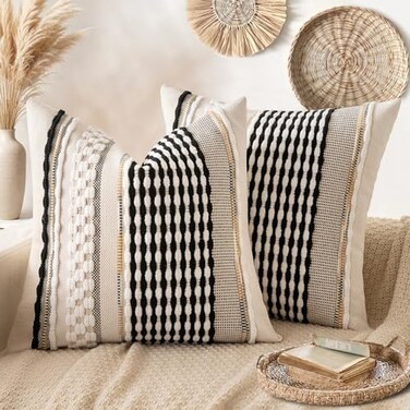 ANRODUO Pack of 2 Boho Decorative Throw Pillow Covers 18x18 Farmhouse Cushion Case Striped Chenille Pillow Cases Square Pillow Covers Accent Neutral Pillowcase for Sofa Couch Bed BlackWhite Stripe