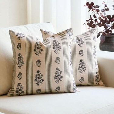 Amor Virisso Floral Throw Pillow Covers 20x20 Set of 2 Block Print Pillow Covers Neutral Floral Striped Farmhouse Decorative Pillow Covers for Sofa Couch Bed Dusty Green
