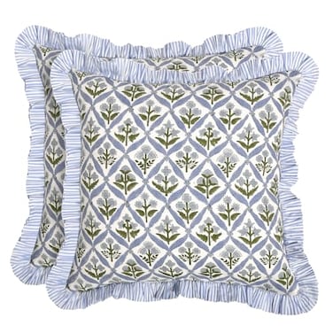Ridhi Block Print Light Steel Blue Throw Pillow Cover 16 x 16 Pack of 2 Decorative Cushion Covers with Ruffle for Couch Sofa Bed Living Room Home Decor Gift for Spring Easter Valentine