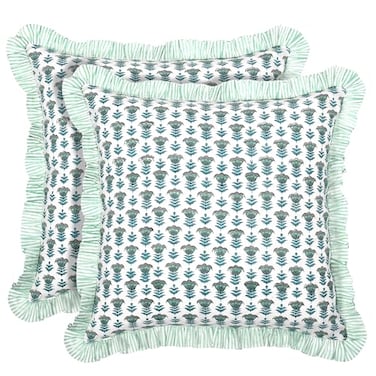 Ridhi Block Print Aquamarine Blue Throw Pillow Cover 20 x 20 Pack of 2 Decorative Cushion Covers with Ruffle for Couch Sofa Bed Living Room Home Decor Gift for Spring Easter Valentine