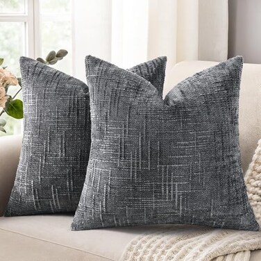 decorUhome Dark Grey Chenille Throw Pillow Covers 18x18 Set of 2 Textured Soft Cozy Slubby Couch Pillow Covers Modern Farmhouse Boho Decorative Pillow Cases for Bed Sofa Living Room