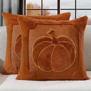 Allorry Fall Pillow Covers 18x18 Set of 2 Rust Pumpkin Throw Pillow Covers Soft Plush Faux Fur Fall Decorations Cushion Covers for Sofa Bedroom Living Room Autumn Thanksgiving Home Decor PT009C18
