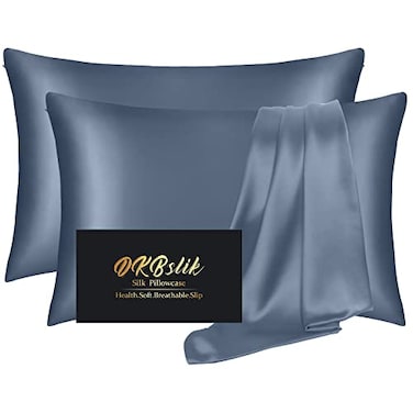 DKBslik Silk Pillow Cases 2 Pack Mulberry Silk Pillowcases Standard Set of 2 Soft Smooth Anti Acne Beauty Sleep Both Sides Natural Silk Satin Pillow Cases for Women 2 Pack with Zipper for Gift Ash Blu