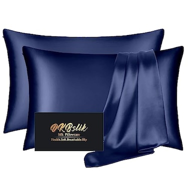 DKBslik Silk Pillow Cases 2 Pack Mulberry Silk Pillowcases Standard Set of 2 Smooth Anti Acne Beauty Sleep Both Sides Natural Silk Satin Pillow Cases for Women 2 Pack with Zipper for Gift Navy Blue