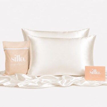 Sillo Silk Pillow Cases 2 Pack 22 Momme Mulberry Silk Pillowcases for Hair and Skin Anti Acne Pillow Case Hypoallergenic SilverInfused Envelope Closure Queen Ivory White