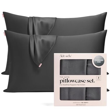 Kitsch Satin Pillowcase with Zipper for Hair Skin Softer Than Silk Pillow Cases Smooth Cooling Satin Pillow Case WrinkleFree Machine Washable Pillow Cases Standard Size 19x26 Charcoal 2pc
