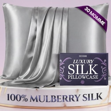 DECOLURE 100 Pure Mulberry Silk Pillow Case Standard Size Highest Grade 30 Momme 6A Luxuriously Soft Cooling Silk Pillowcase for Hair Skin Hypoallergenic Breathable Hidden Zipper Silver