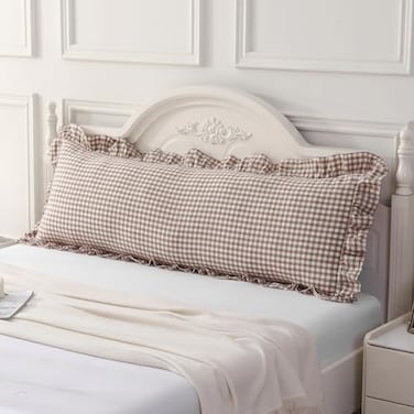 Silnuo TaupeWhite Plaid Ruffled Body Pillow Cover Washed Cotton Farmhouse Checkered Gingham 1 Piece Pillowcase for Living Room 20x54