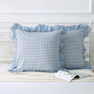 Mywinlle Dusty Blue Plaid Ruffle Throw Pillow Covers for Couch 20x202 Pack Vintage Checkered Washed Cotton Pillow Cases for Bed Sofa Living Room