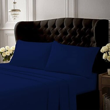 Tribeca Living King Bed Sheet Set Crisp and Smooth Cotton Percale Solid Sheets and Pillowcase Set Extra Deep Pocket 300 Thread Count 4Piece Luxury Bedding Midnight Blue