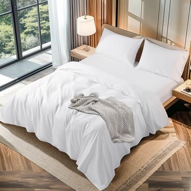 LBRO2M 100 Cotton 1200 Thread Count Queen Size Sheets Set16 inches Deep PocketBed Sheet 4 Piece Sets White Queen