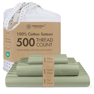 Threadmill 500 Thread Count TwinXL Size Damask Stripe 3 Pc Luxury Cotton Sheet Set Breathable Sage Green Sheets with 15 Elasticized Deep Pocket 1 Pillowcase Free Tote Bag
