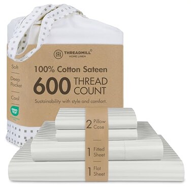 Threadmill 100 Cotton Sheets for Cal King Size Bed 600 Thread Count Cal King Bed Sheets Set with 16 Deep Pocket Damask Stripe Sateen Weave 4Piece Bedding Set with Cooling Effect Light Grey