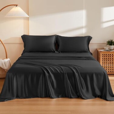 THXSILK Silk Sheet Set 4Pcs 6A Top Grade 100 Natural Mulberry Silk Bed Sheets Bedding Sets Ultra Soft Durable Safety Material 1 Fitted Sheet 1 Flat Sheet and 2 Pillow Shams Queen Black