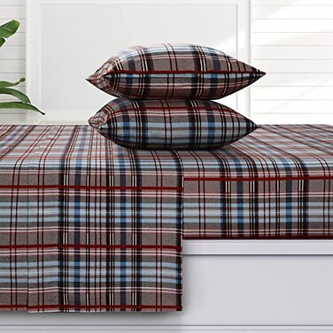 Tribeca Living Ultra Soft Turkish Cotton Flannel King Sheet Set with Extra Deep Pocket 100 Cotton Flannel Sheets 4 Piece Set Brentwood Plaid 170GSM