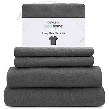 Posh Home Jersey Knit Sheet Set 4Piece TShirt Breathable Soft Cotton Jersey Sheets Queen Size Includes Flat Fitted Sheet 2 Pillowcases Grey