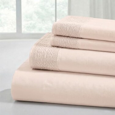 Modern Threads 4 Piece Microfiber Sheet Set Soft Cooling Bed Sheets with Crochet Lace Deep Pocket Wrinkle Free Breathable Hotel Luxury Bedding Blush Pink Full