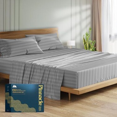 Mayfair Linen 100 Egyptian Cotton Damask Sheets King Size 1500 Series King Size Sheets Set Egyptian Cotton Luxury Bedsheet Dark Grey Stripe 4 PC Soft Cooling 17 Deep Pocket Sateen Bedsheet