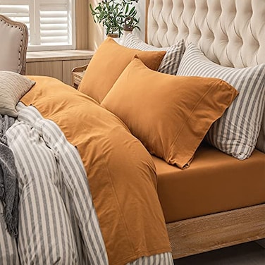 PURE ERA Jersey Knit 4pc Bed Sheet Set 100 TShirt Heather Cotton Super Soft Comfy Breathable Fits Mattress Up to 20 Extra Deep Pocket Solid Burnt Orange King