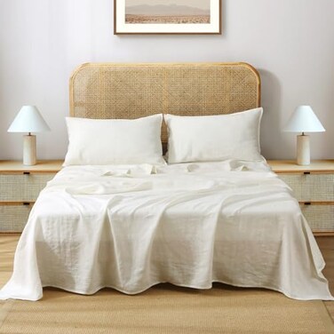 S VICTORY SYMBOL Pure Linen Sheets Set100 Organic French Natural Flax Bedding with Stone WashedKing Size Bed Sheets 4pcs1 Flat Sheet1 Fitted Sheet2 Pillow CasesCreamy White