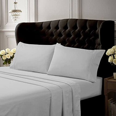 Tribeca Living Queen Bed Sheet Set Crisp and Smooth Egyptian Cotton Percale Solid Sheets and Pillowcase Set Extra Deep Pocket 350 Thread Count 4Piece Luxury Bedding White