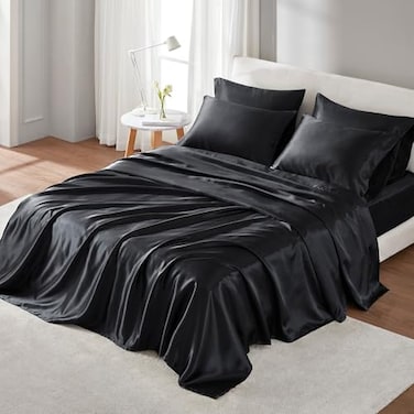 JLA Basic Madison Park Essentials Satin Sheet Set Luxury and Silky with Natural Sheen Elastic 14 Pocket fits up to 16 Mattress All Around Elastic YearRound Bedding King Black 6 Piece